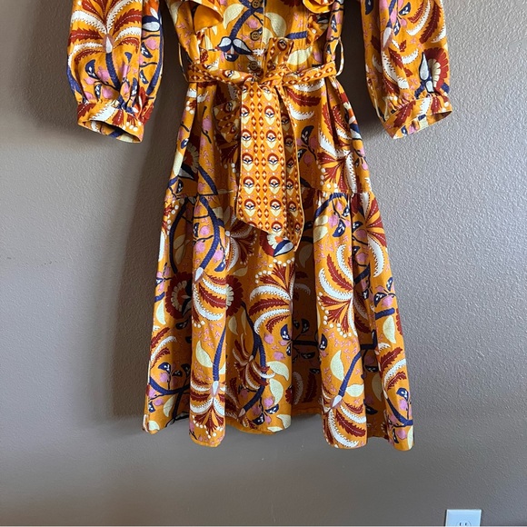 FARM Rio Yellow Palms Midi Ruffled Party Dress with Belt Size Small - Picture 3 of 12